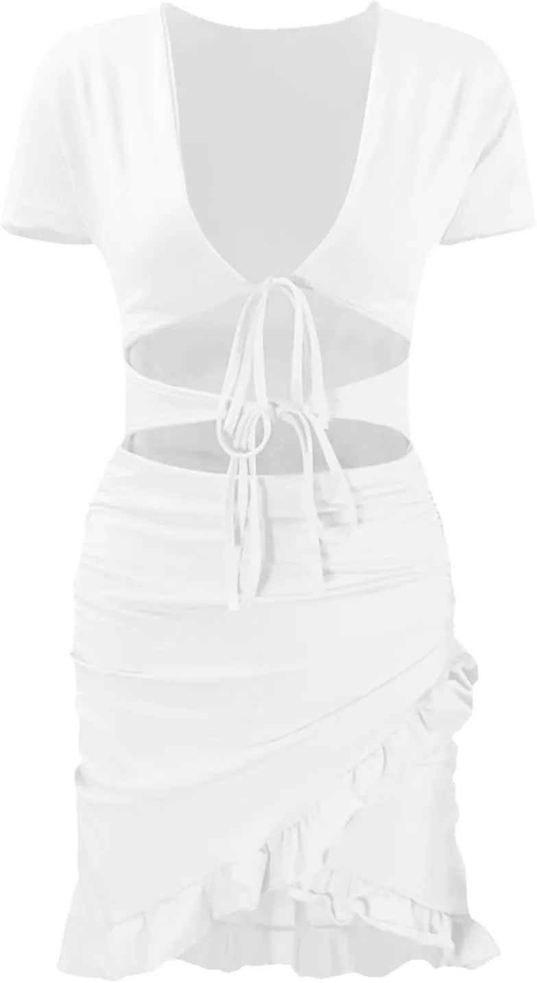 JOAU Women Sexy V Neck Tie Front Cut Out Bodycon Mini Dress Summer Short Sleeve Irregular Ruffle Hem Ruched Wrap Short Dress
