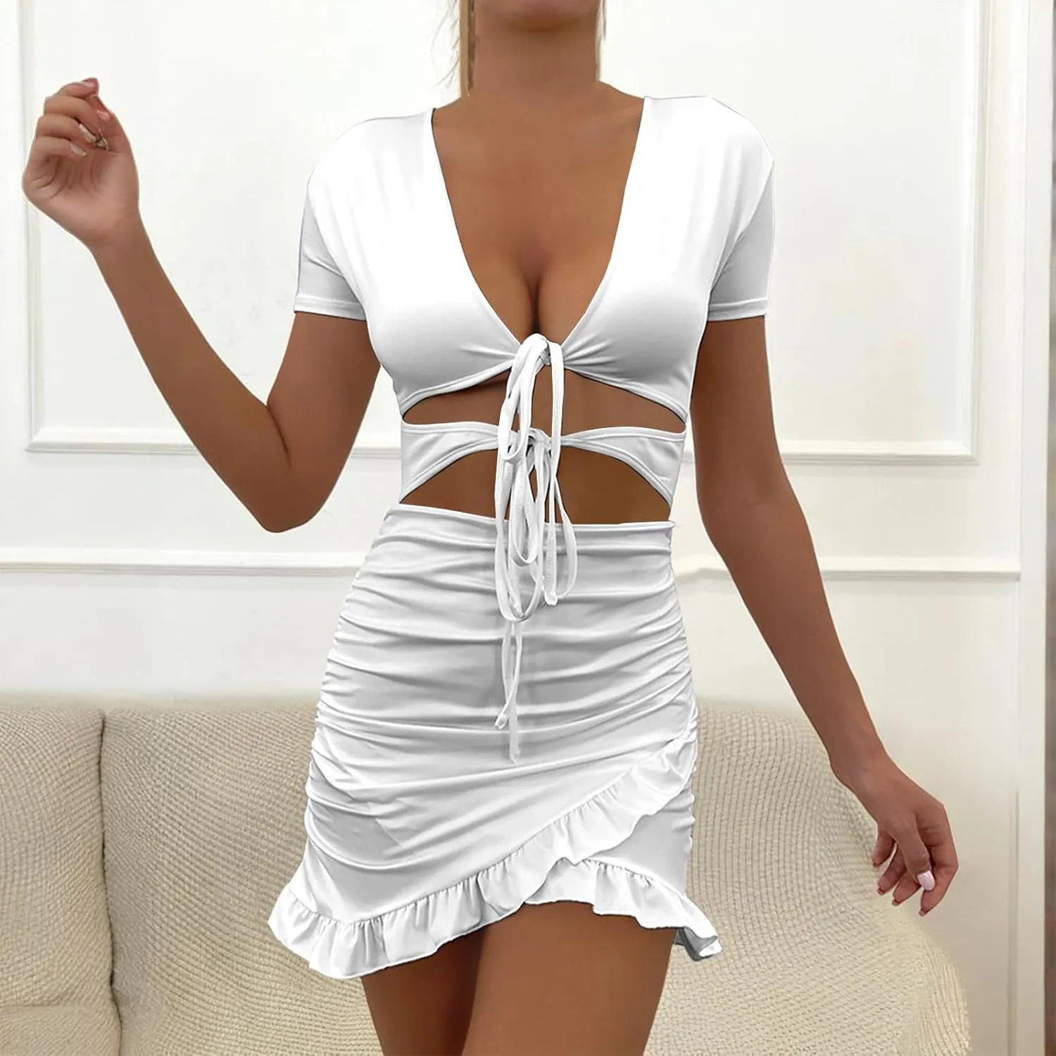 JOAU Women Sexy V Neck Tie Front Cut Out Bodycon Mini Dress Summer Short Sleeve Irregular Ruffle Hem Ruched Wrap Short Dress