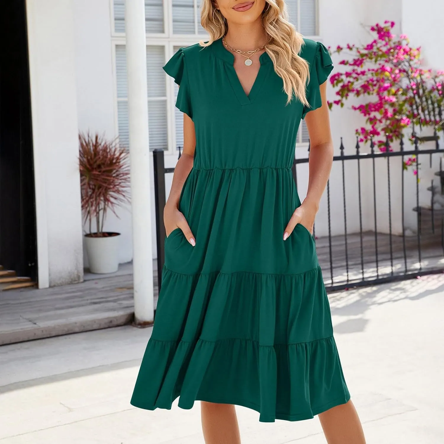 JOAU Women's 2025 Summer Casual Ruffle Cap Sleeve Midi Dress V Neck Flowy Tiered Swing A Line Beach Vacation Sundresses