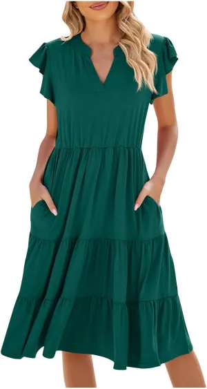 JOAU Women's 2025 Summer Casual Ruffle Cap Sleeve Midi Dress V Neck Flowy Tiered Swing A Line Beach Vacation Sundresses