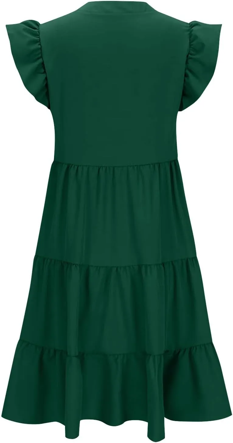 JOAU Women's 2025 Summer Casual Ruffle Cap Sleeve Midi Dress V Neck Flowy Tiered Swing A Line Beach Vacation Sundresses