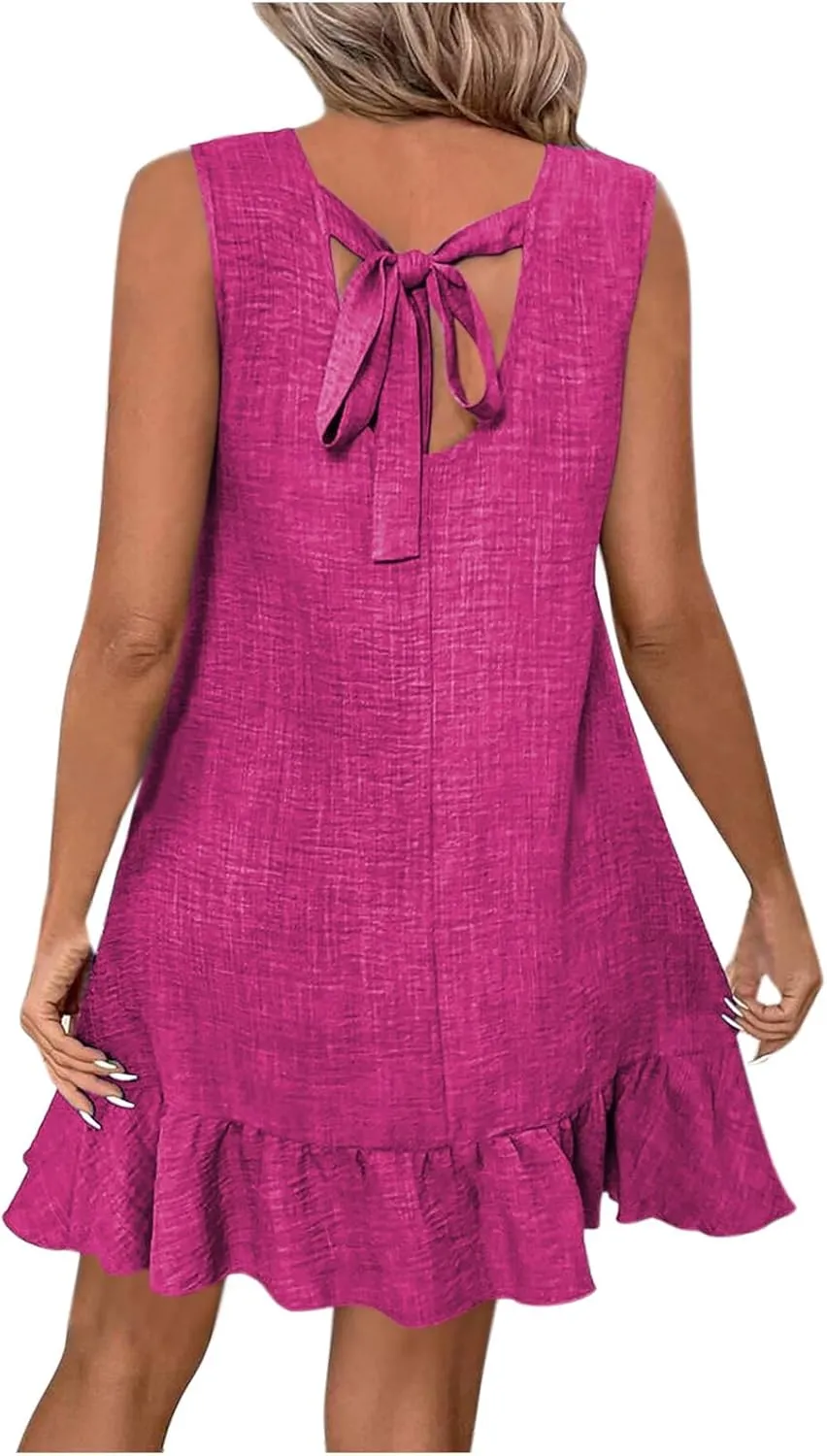 JOAU Womens Crew Neck Bowknot Backless Tank Dresses Fashion Casual Summer Sleeveless A-line Flowy Ruffle Hem Mini Sundress