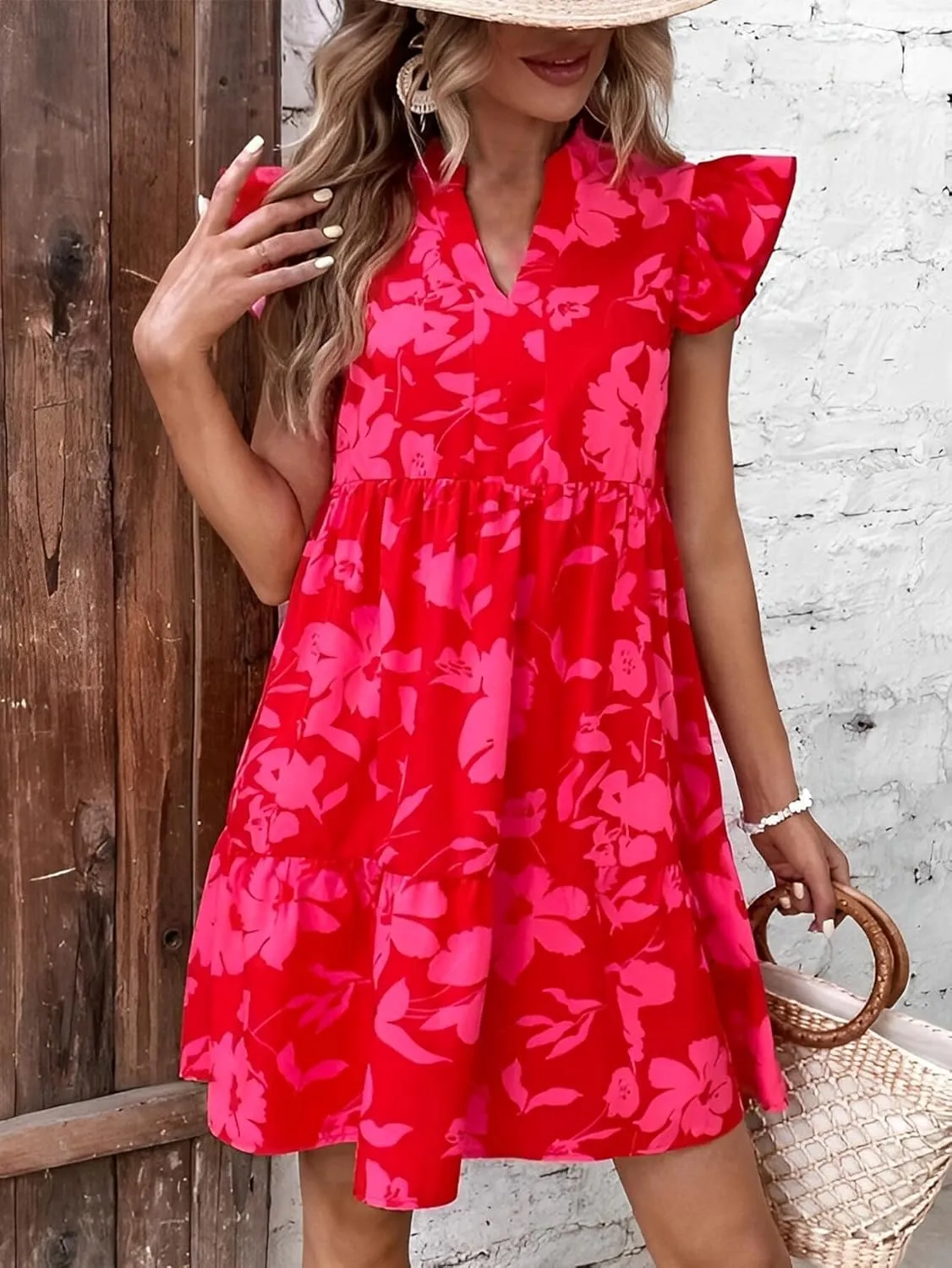 Katutude Women's Floral Dress Flowy Ruffle Sleeve Mini Dress 2024 Trendy Summer Dresses Casual Dress V Neck T-Shirt Dress