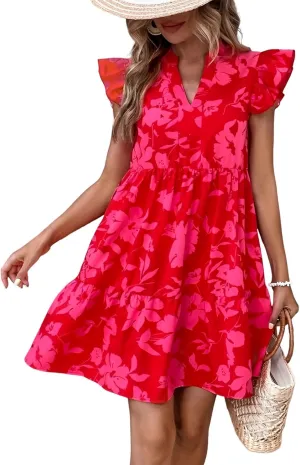 Katutude Women's Floral Dress Flowy Ruffle Sleeve Mini Dress 2024 Trendy Summer Dresses Casual Dress V Neck T-Shirt Dress