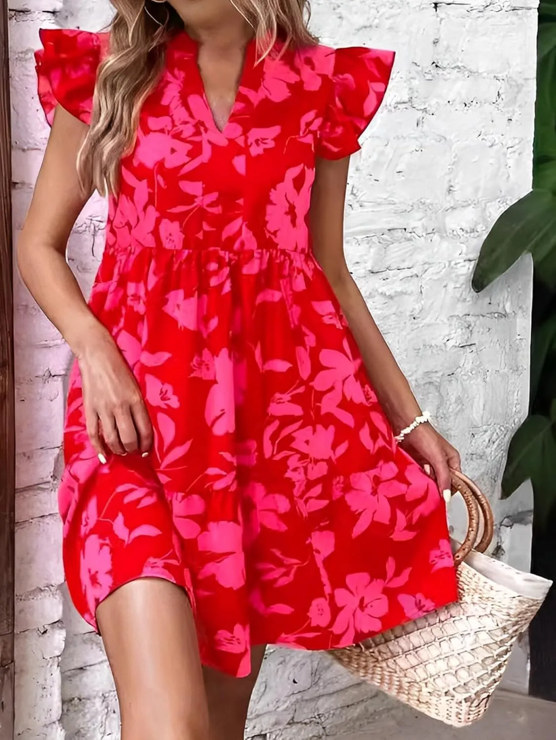 Katutude Women's Floral Dress Flowy Ruffle Sleeve Mini Dress 2024 Trendy Summer Dresses Casual Dress V Neck T-Shirt Dress