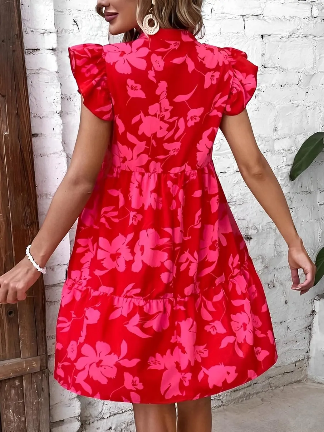 Katutude Women's Floral Dress Flowy Ruffle Sleeve Mini Dress 2024 Trendy Summer Dresses Casual Dress V Neck T-Shirt Dress