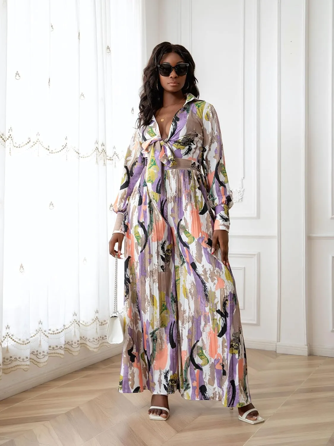 KINIKO Women's Jumpsuit Dress with Bow Tie Detail  Casual Loose Fit, Long Sleeve, Elastic Waistband for a Cinched Look