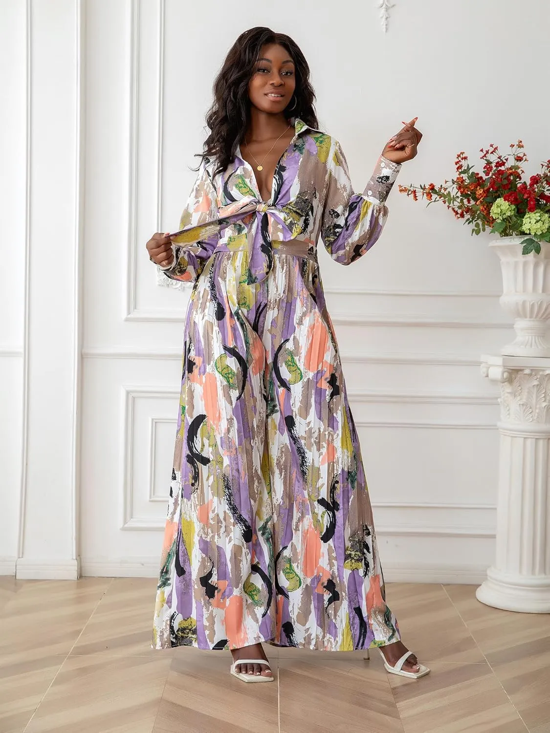 KINIKO Women's Jumpsuit Dress with Bow Tie Detail  Casual Loose Fit, Long Sleeve, Elastic Waistband for a Cinched Look