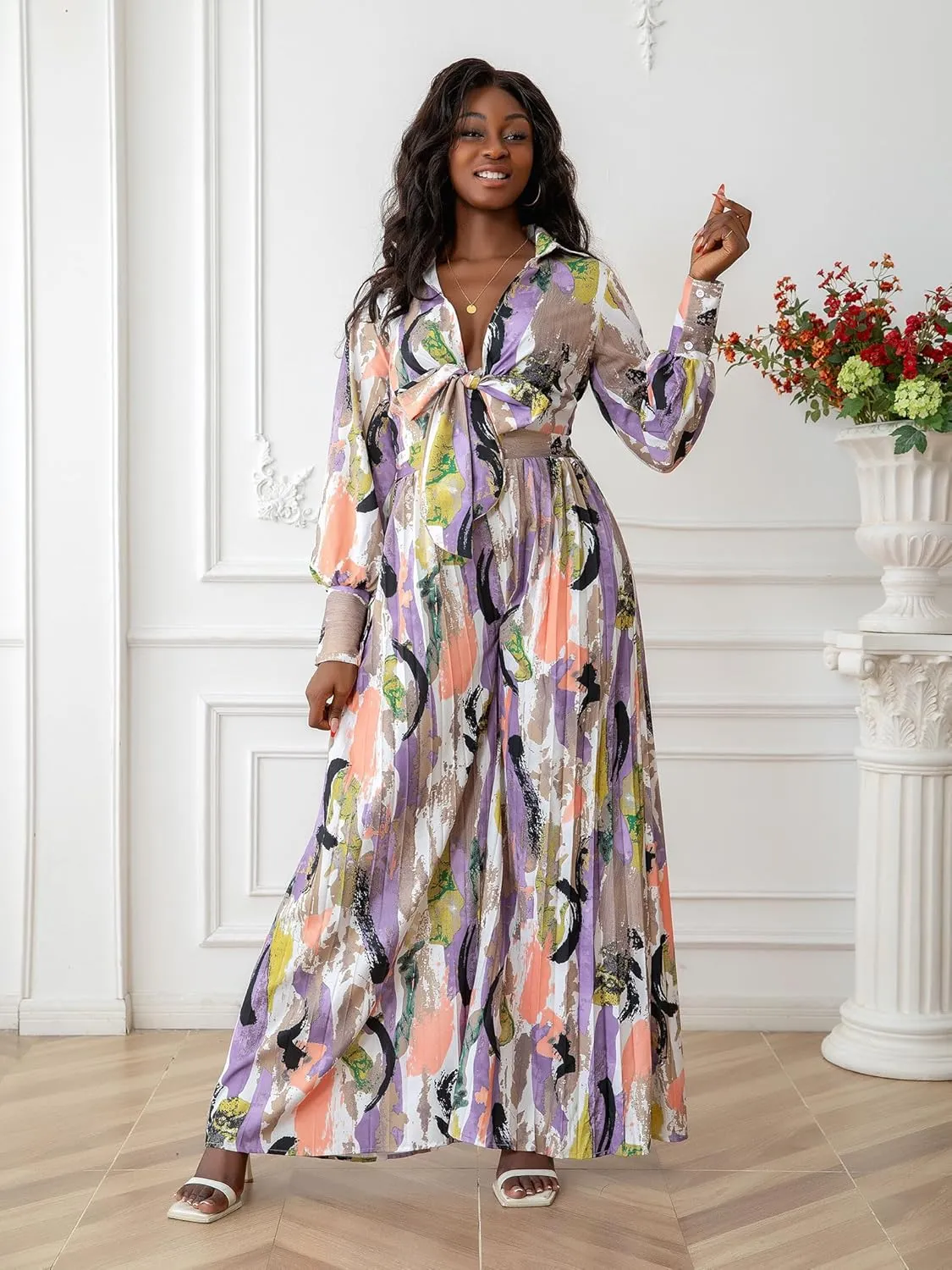 KINIKO Women's Jumpsuit Dress with Bow Tie Detail  Casual Loose Fit, Long Sleeve, Elastic Waistband for a Cinched Look