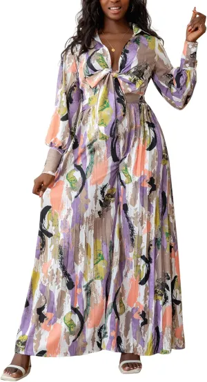 KINIKO Women's Jumpsuit Dress with Bow Tie Detail  Casual Loose Fit, Long Sleeve, Elastic Waistband for a Cinched Look