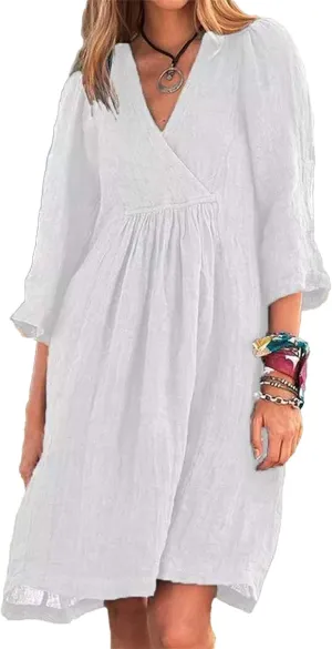 Kubbon Womens Summer Dresses Cotton Linen A Line Dresses Loose Half Sleeve V Neck Dress Flowy Midi Dress 2025 Fashion
