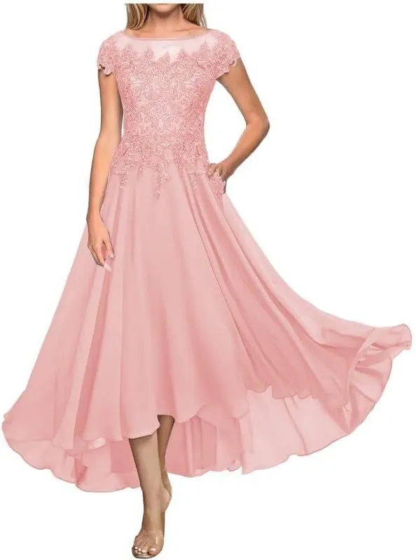Lace Applique A Line Mother of The Bride Dress for Women Cap Sleeve High Low Formal Evening Dress