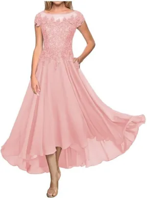 Lace Applique A Line Mother of The Bride Dress for Women Cap Sleeve High Low Formal Evening Dress