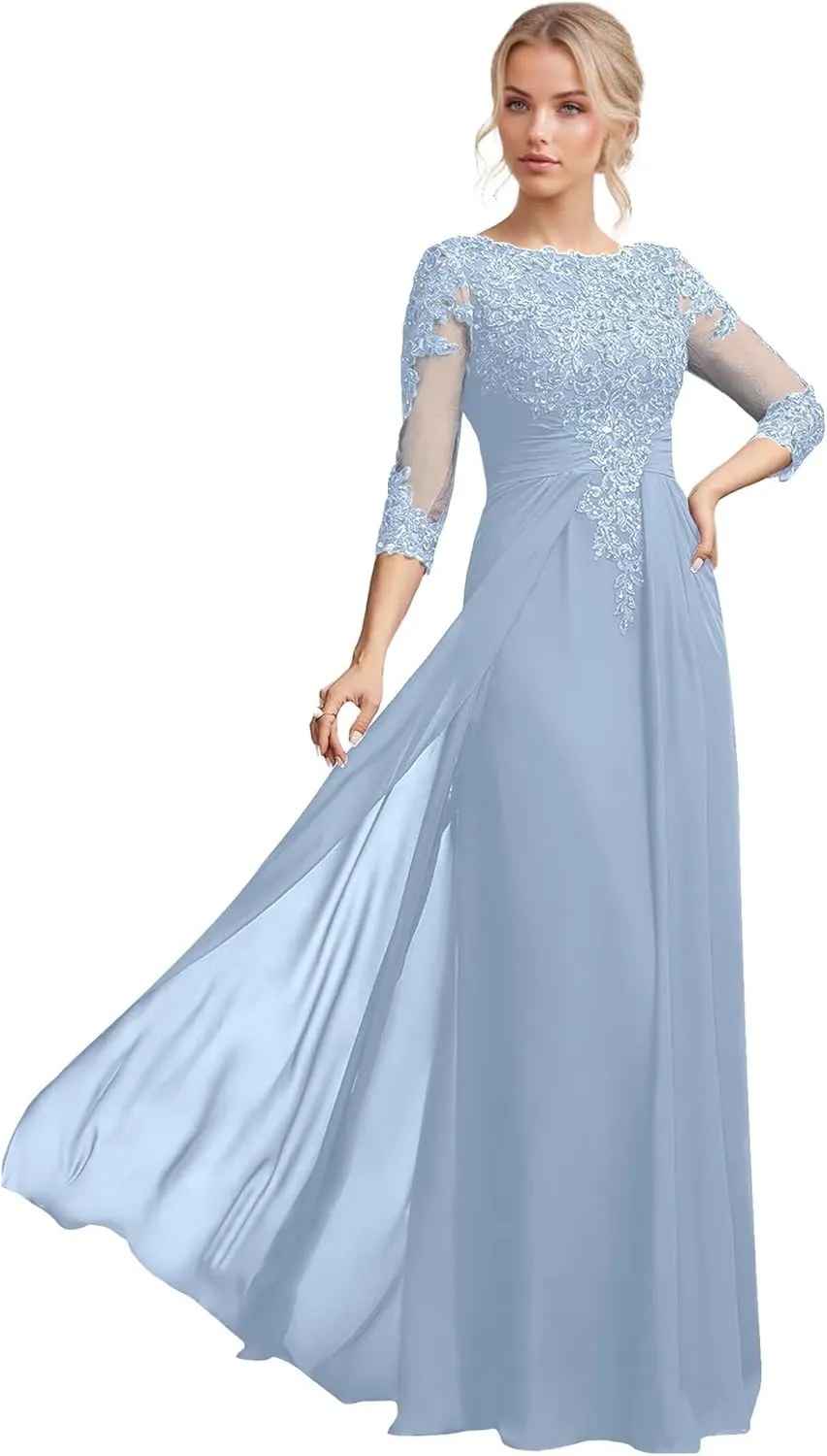 Lace Sequin Appliques Mother of The Bride Dresses for Women 3/4 Sleeves Pleated Lavender Chiffon Evening Formal Gown for Women