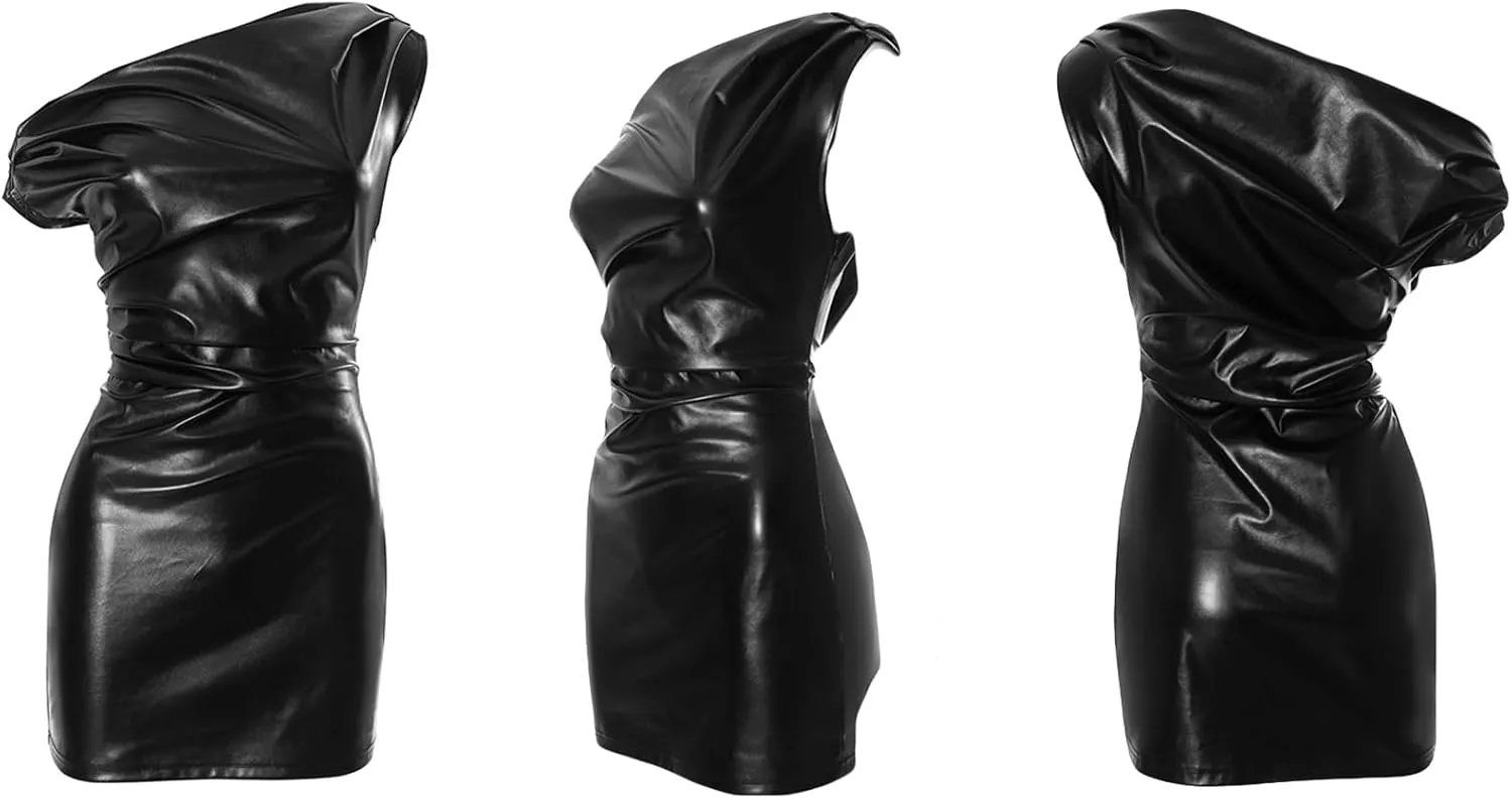 LAJIOJIO Women's Bodycon Mini Leather Dresses,Sexy Off The Shoulder Sleeveless Ruched Club Party Dresses