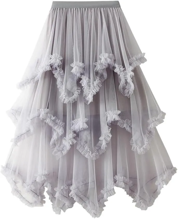 Layered Tulle Pleated Skirts for Women High Waisted A Line Asymmetrical Tutu Fairy Pleated Ruffle Midi Skirt