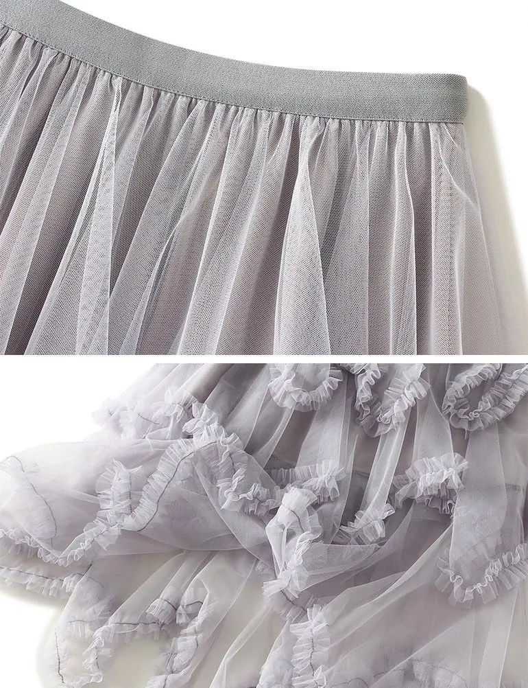 Layered Tulle Pleated Skirts for Women High Waisted A Line Asymmetrical Tutu Fairy Pleated Ruffle Midi Skirt