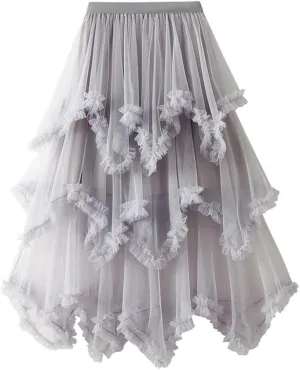 Layered Tulle Pleated Skirts for Women High Waisted A Line Asymmetrical Tutu Fairy Pleated Ruffle Midi Skirt