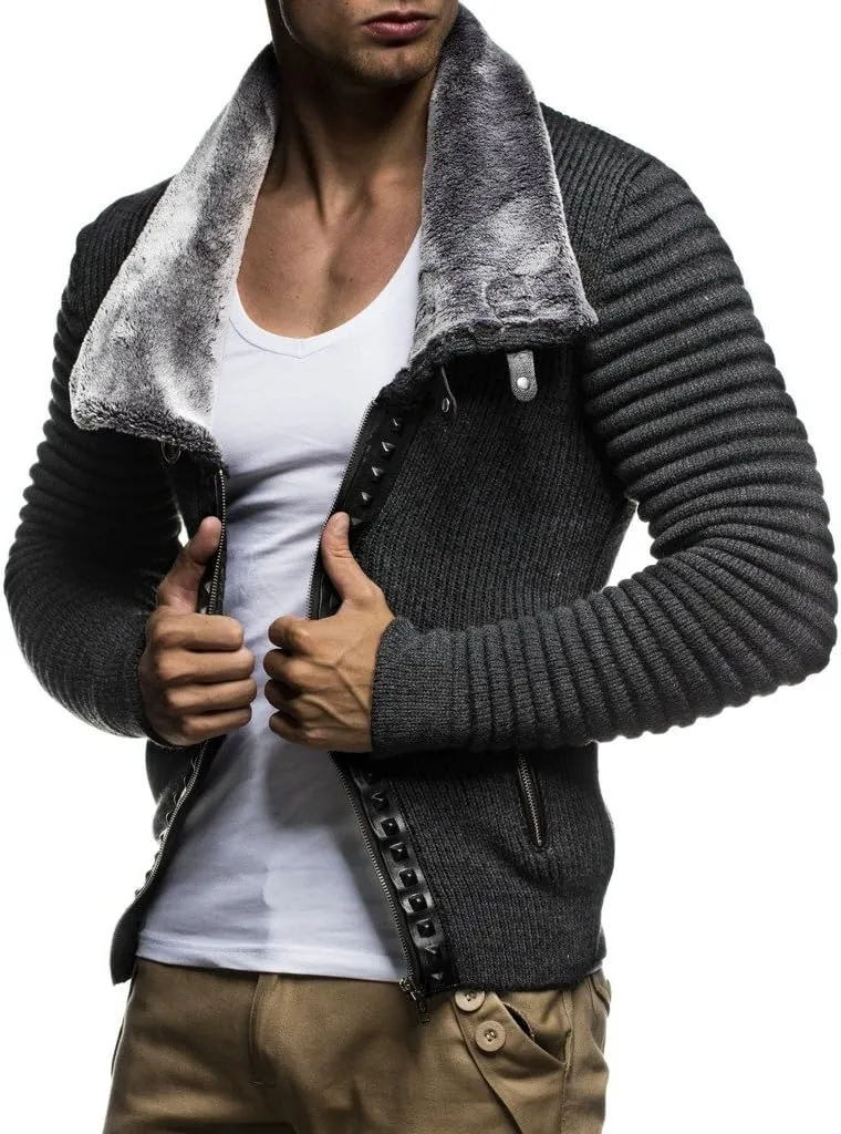 Leif Nelon LN5165 Men's Cardigan with Stud Details and Zip Front