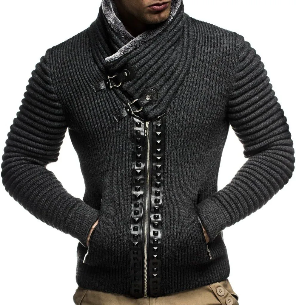 Leif Nelon LN5165 Men's Cardigan with Stud Details and Zip Front