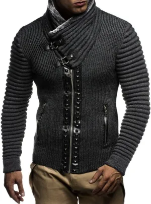Leif Nelon LN5165 Men's Cardigan with Stud Details and Zip Front