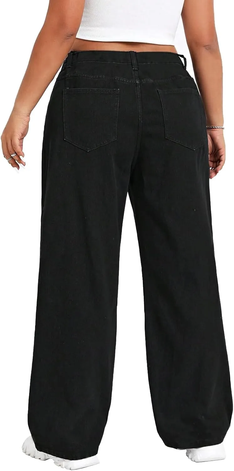 LEIJIJEANS Plus Size Baggy Jeans for Women Wide Leg Women Jeans Full Length Mom High Waist Tall Loose Wide Leg Pants