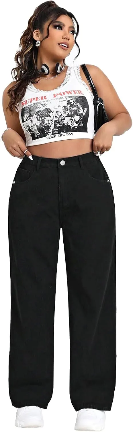 LEIJIJEANS Plus Size Baggy Jeans for Women Wide Leg Women Jeans Full Length Mom High Waist Tall Loose Wide Leg Pants