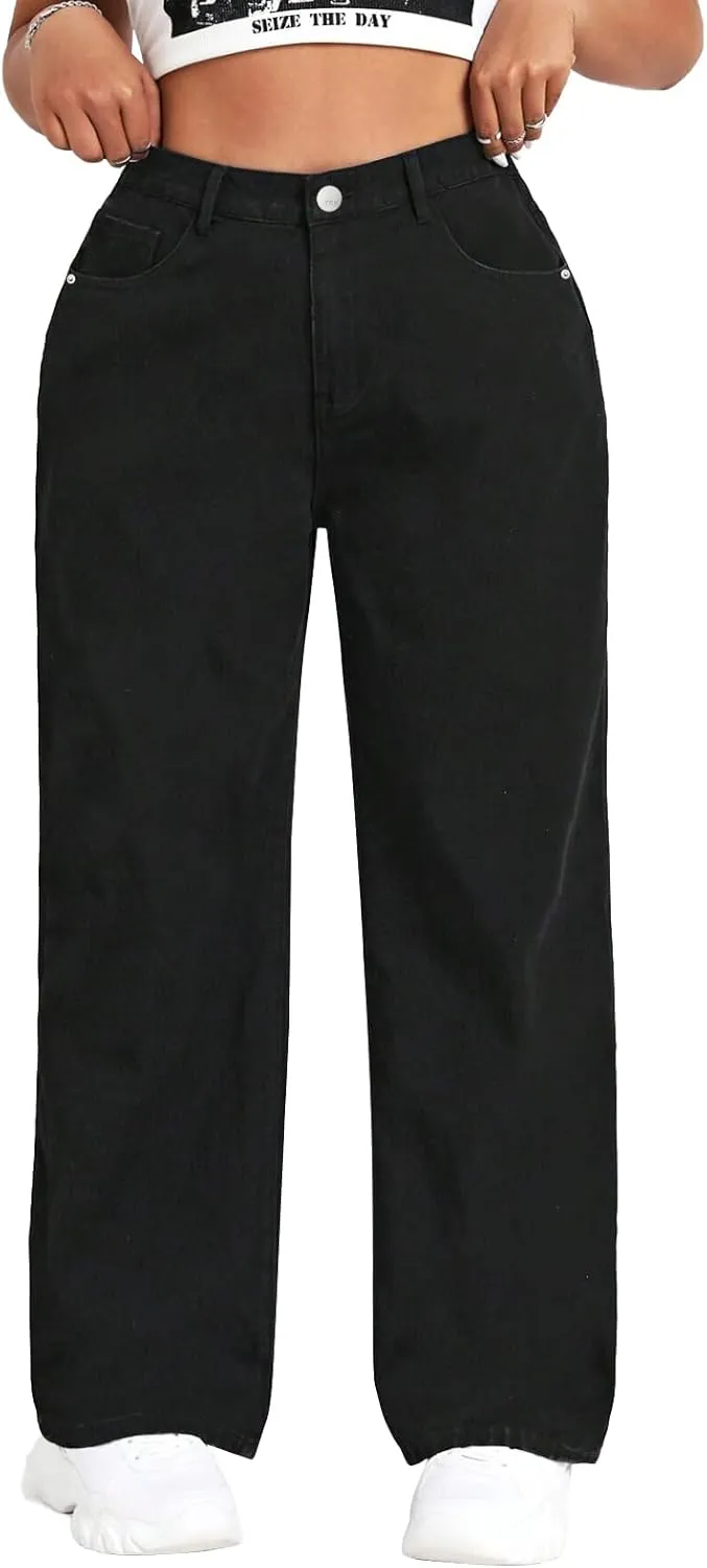 LEIJIJEANS Plus Size Baggy Jeans for Women Wide Leg Women Jeans Full Length Mom High Waist Tall Loose Wide Leg Pants