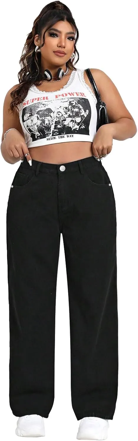 LEIJIJEANS Plus Size Baggy Jeans for Women Wide Leg Women Jeans Full Length Mom High Waist Tall Loose Wide Leg Pants