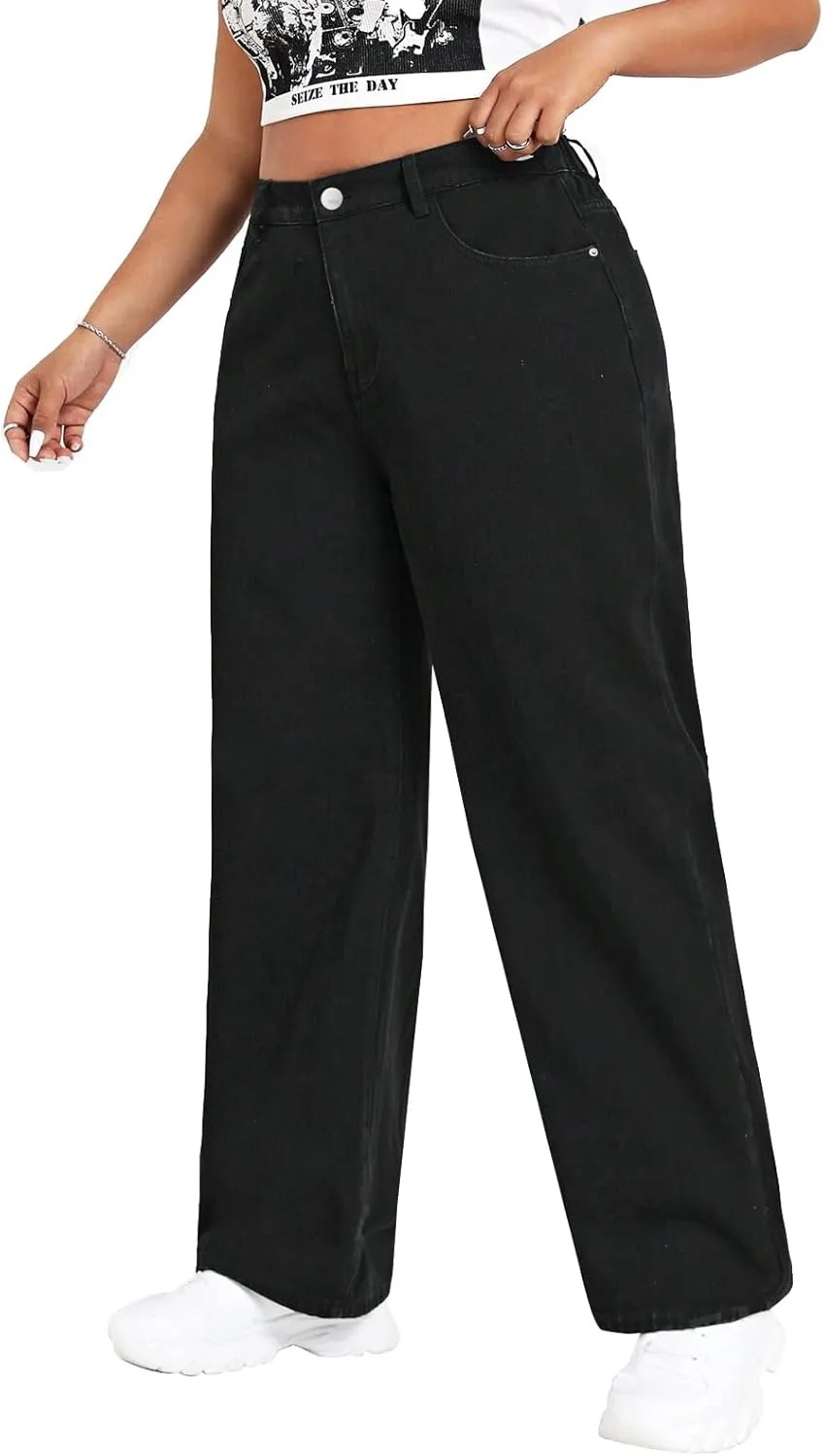 LEIJIJEANS Plus Size Baggy Jeans for Women Wide Leg Women Jeans Full Length Mom High Waist Tall Loose Wide Leg Pants