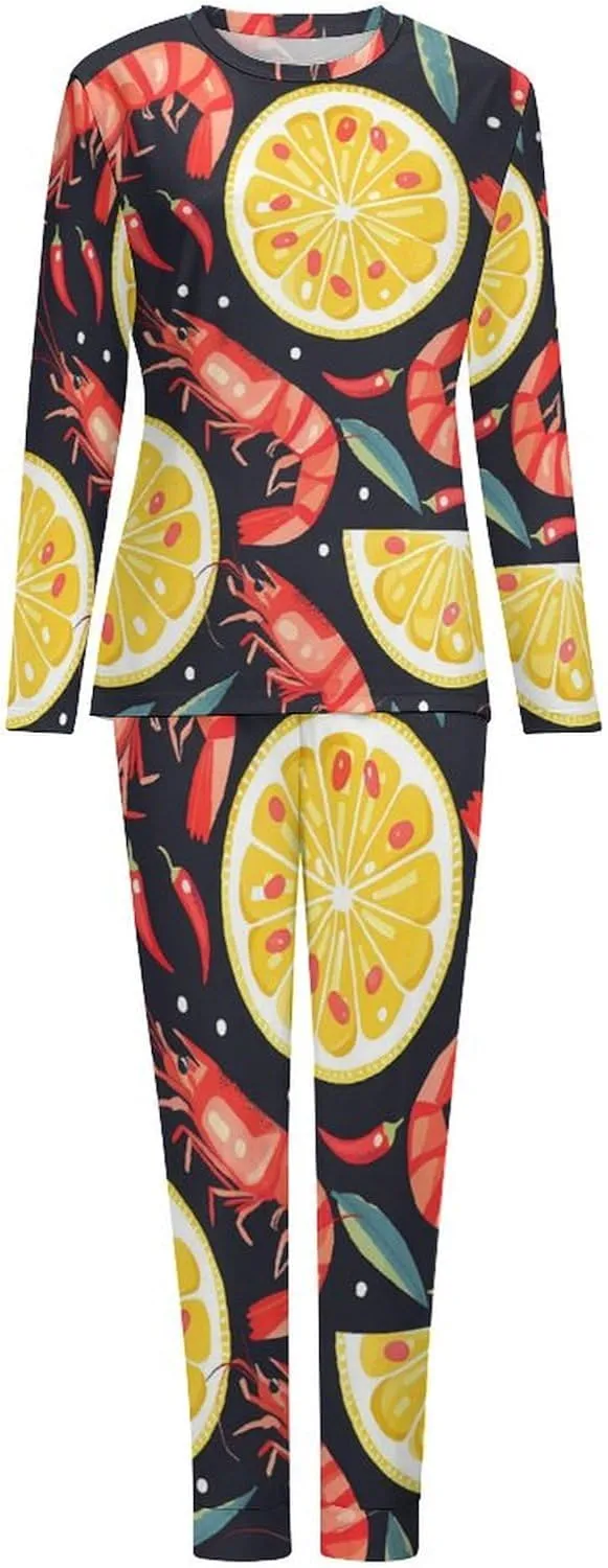 Lemon Shrimp Women's Two Piece Pajama Set Long Sleeve Sleepwear Nightwear Soft Pj Sets Loungewear