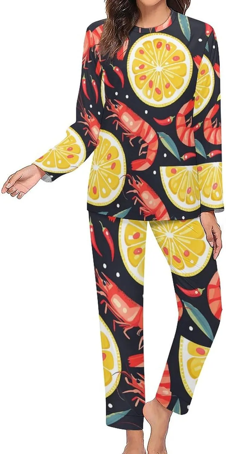 Lemon Shrimp Women's Two Piece Pajama Set Long Sleeve Sleepwear Nightwear Soft Pj Sets Loungewear