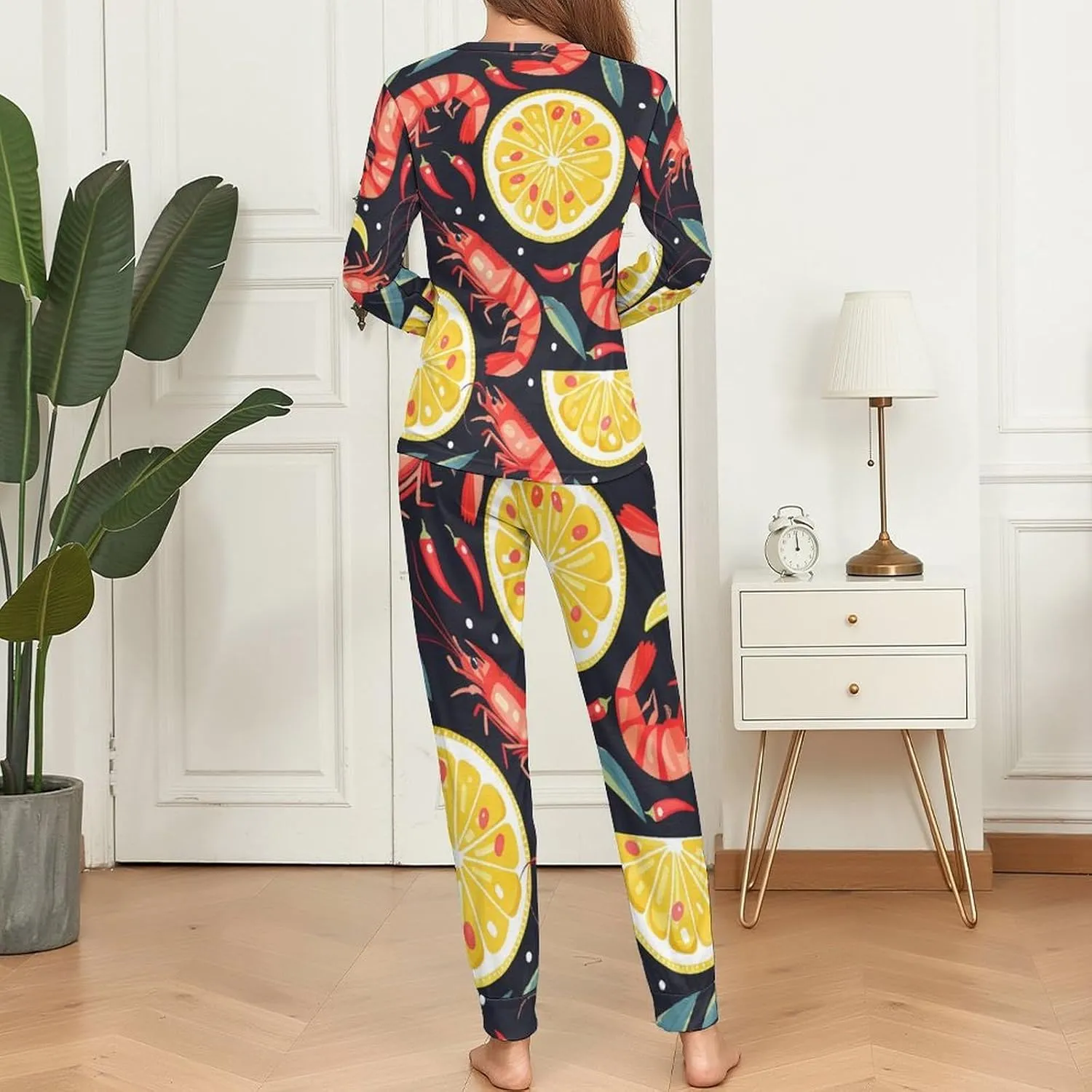 Lemon Shrimp Women's Two Piece Pajama Set Long Sleeve Sleepwear Nightwear Soft Pj Sets Loungewear
