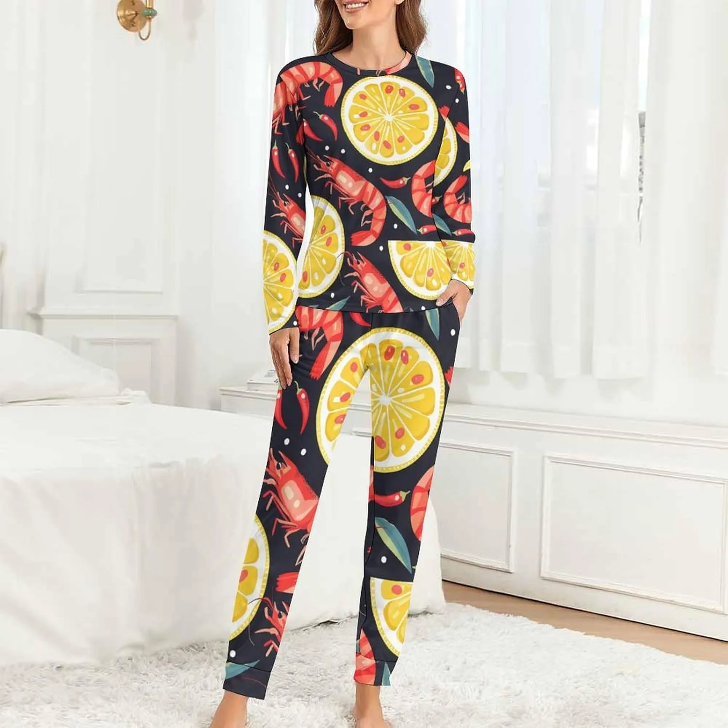Lemon Shrimp Women's Two Piece Pajama Set Long Sleeve Sleepwear Nightwear Soft Pj Sets Loungewear