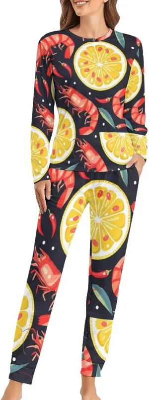 Lemon Shrimp Women's Two Piece Pajama Set Long Sleeve Sleepwear Nightwear Soft Pj Sets Loungewear