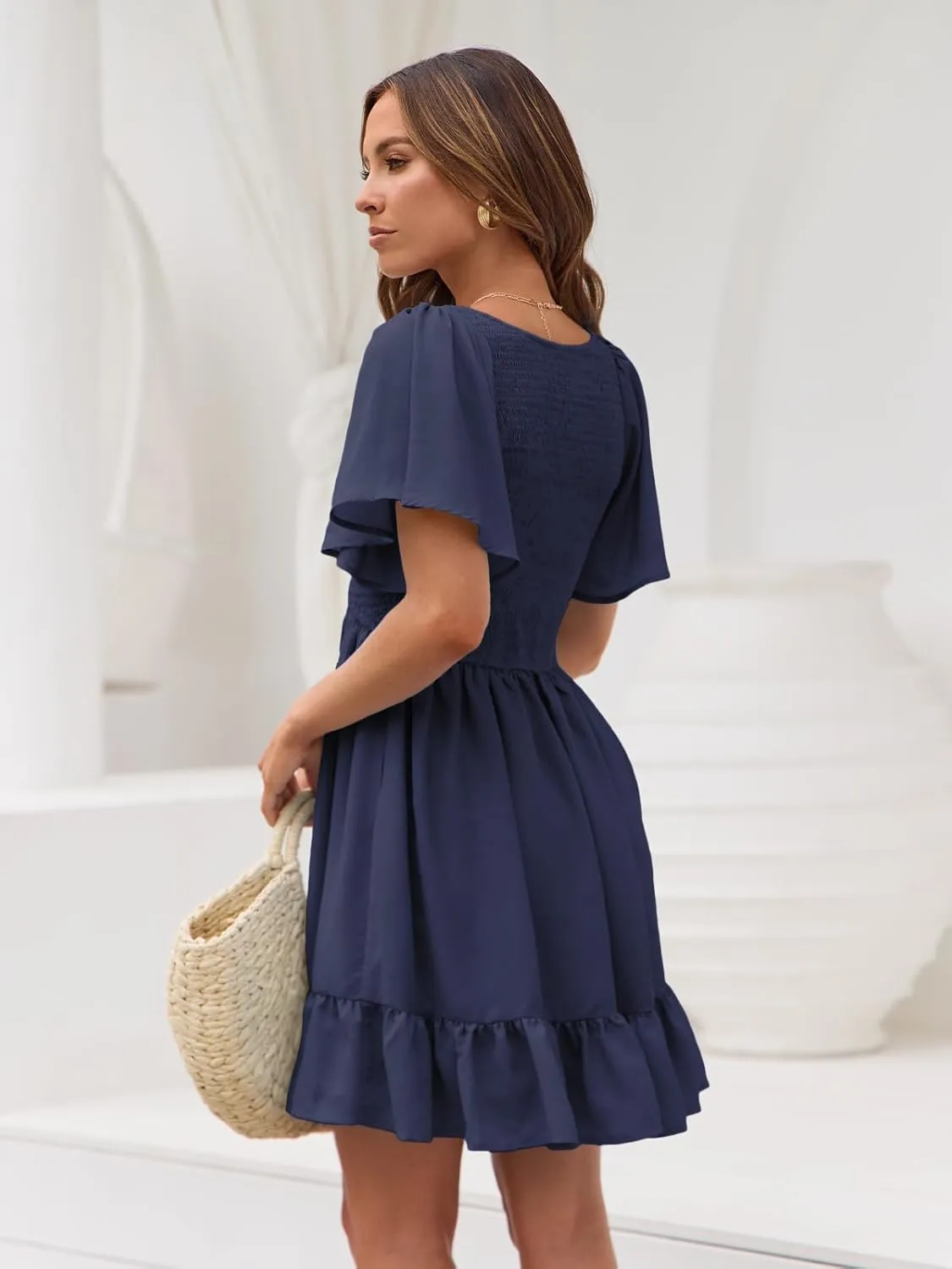 LILLUSORY Women's Flowy Casual Mini Dresses 2025 Summer Graduation Smocked V Neck Vacation Dress Dress with Pockets