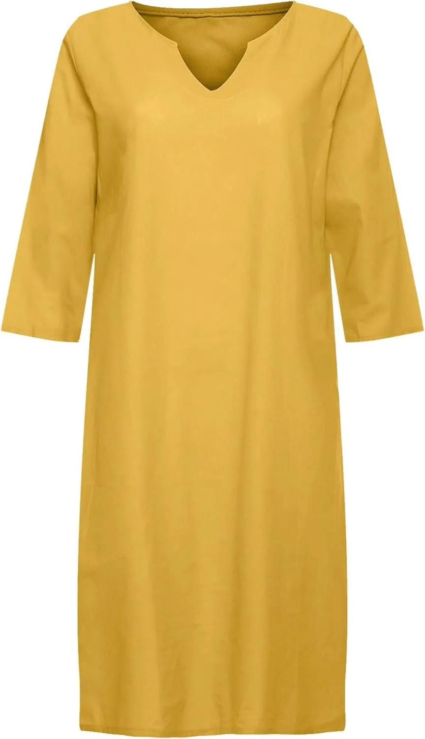 Linen Dress Women Short Sleeve V Neck Midi Dresses Summer Casual Cotton Linen Dress Solid Dress Vintage Beachwear
