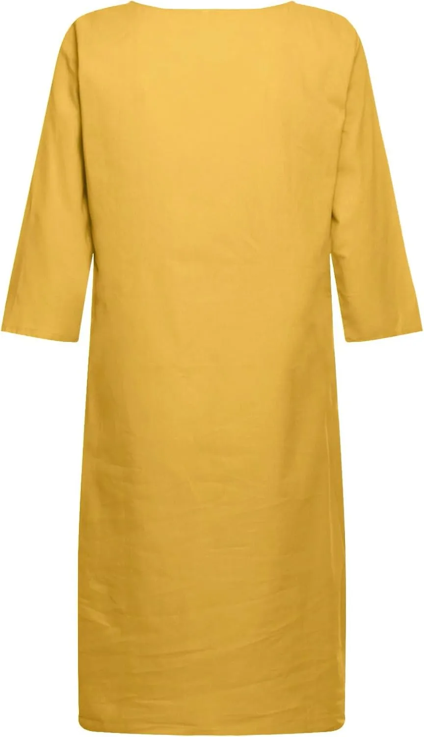 Linen Dress Women Short Sleeve V Neck Midi Dresses Summer Casual Cotton Linen Dress Solid Dress Vintage Beachwear