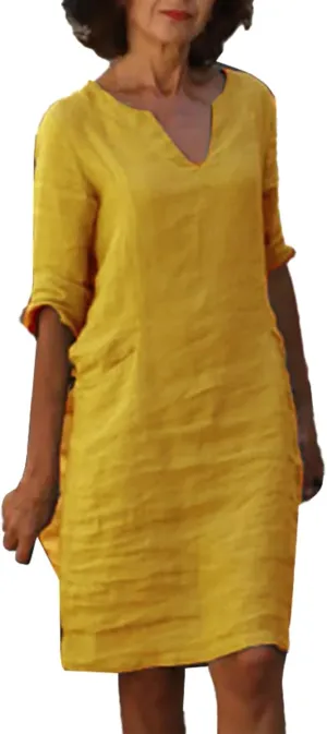 Linen Dress Women Short Sleeve V Neck Midi Dresses Summer Casual Cotton Linen Dress Solid Dress Vintage Beachwear