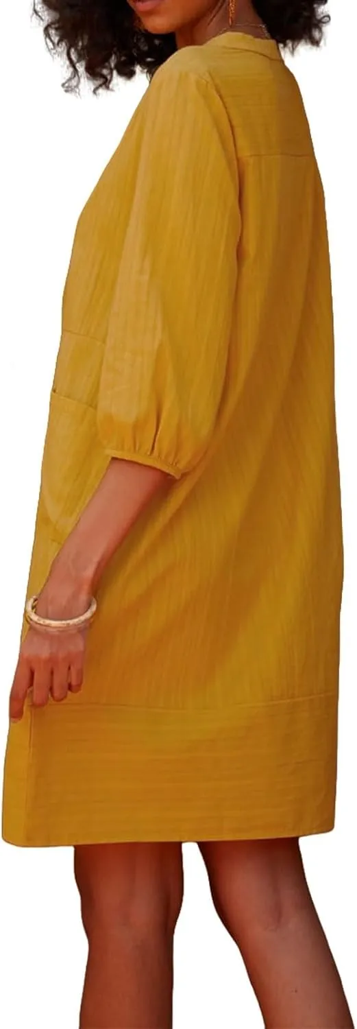 Linen Dresses for Women Casual 3/4 Sleeve V Neck Mini Dresses Loose Knee-Length A-line Dress Beach Dress with Pocket