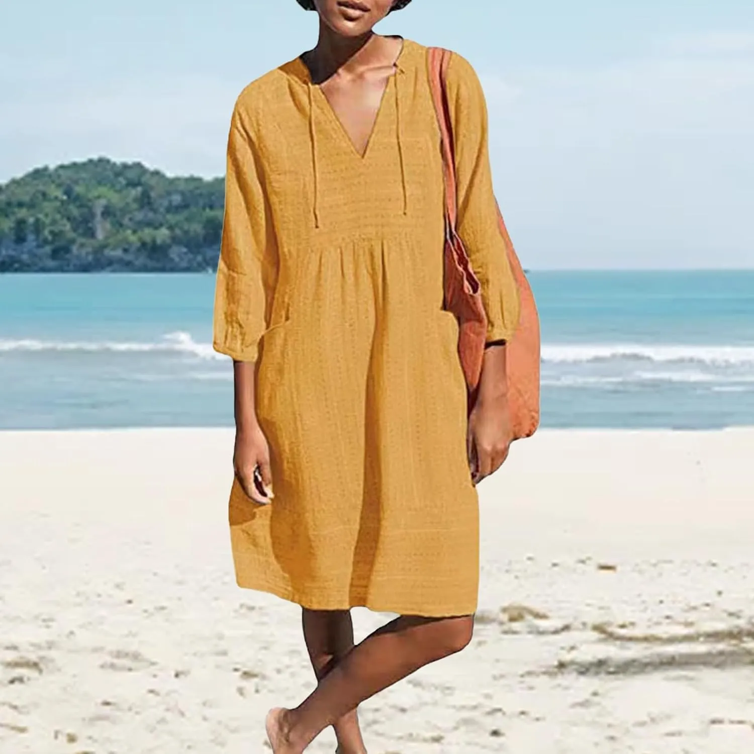 Linen Dresses for Women Casual 3/4 Sleeve V Neck Mini Dresses Loose Knee-Length A-line Dress Beach Dress with Pocket