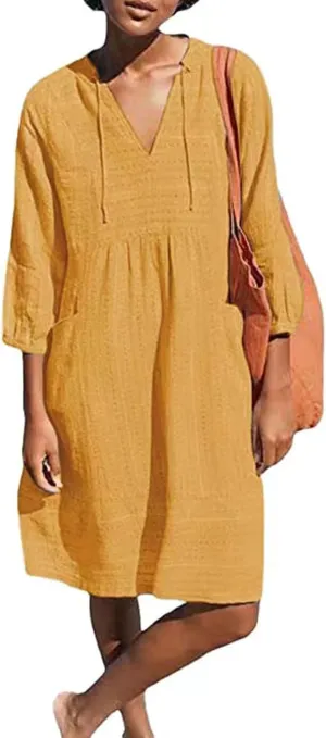 Linen Dresses for Women Casual 3/4 Sleeve V Neck Mini Dresses Loose Knee-Length A-line Dress Beach Dress with Pocket