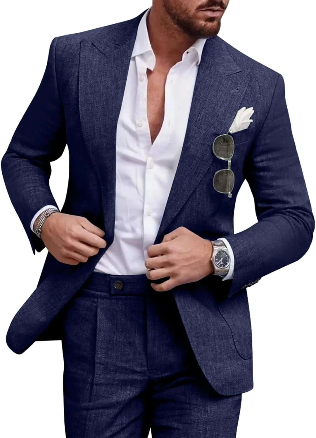 Linen Men Suit Set Casual Tuxedo 2 Piece Regular Fit Blazer One Button Solid Jacket and Pants for Prom Wedding Party