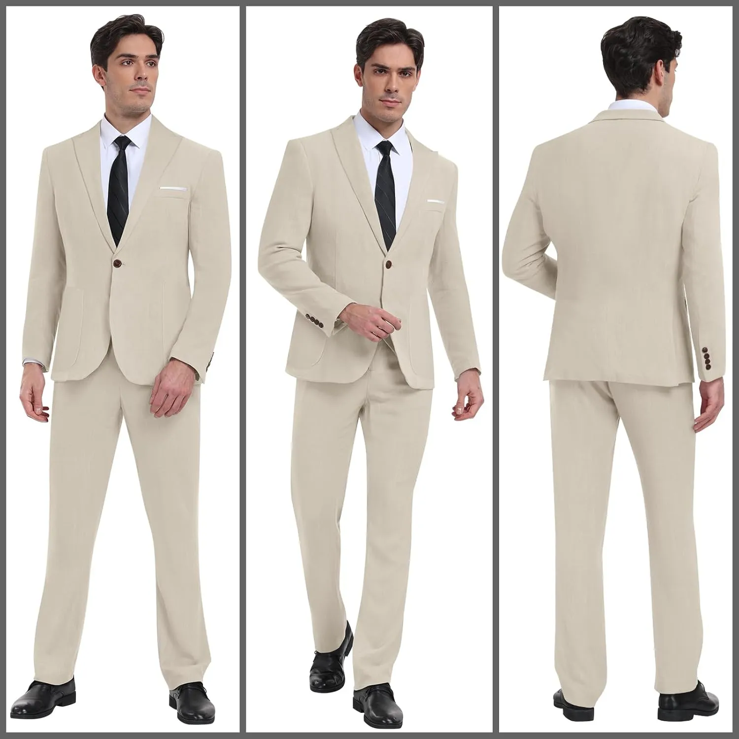 Linen Men Suit Set Casual Tuxedo 2 Piece Regular Fit Blazer One Button Solid Jacket and Pants for Prom Wedding Party