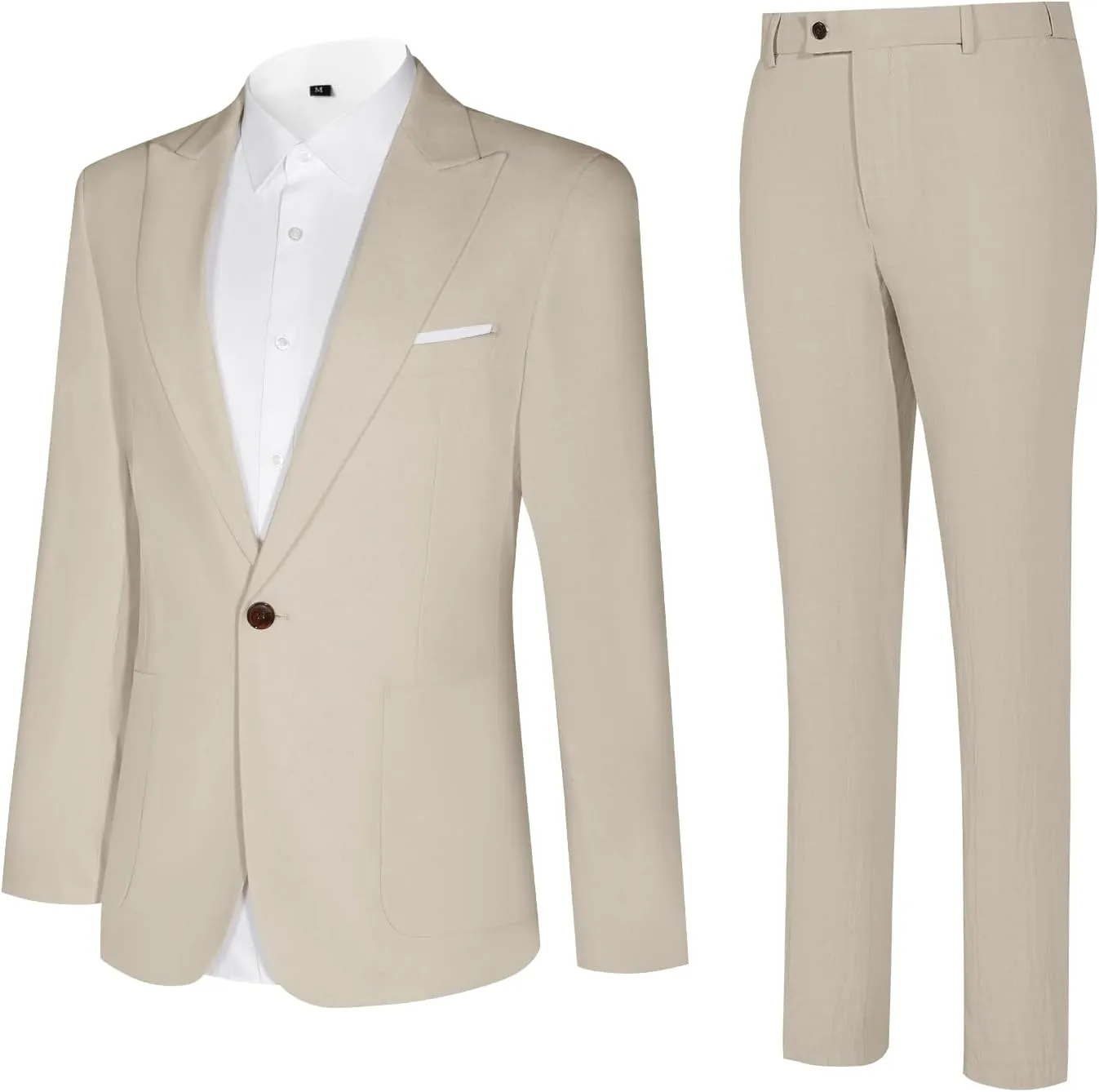 Linen Men Suit Set Casual Tuxedo 2 Piece Regular Fit Blazer One Button Solid Jacket and Pants for Prom Wedding Party