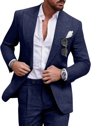 Linen Men Suit Set Casual Tuxedo 2 Piece Regular Fit Blazer One Button Solid Jacket and Pants for Prom Wedding Party