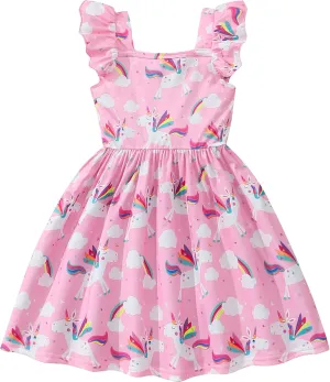 Little Girls Summer Dresses Square Neck Ruffle Flutter Sleeve Kids Toddler Unicorn Casual A-Line Swing Sundress 2-8 Years