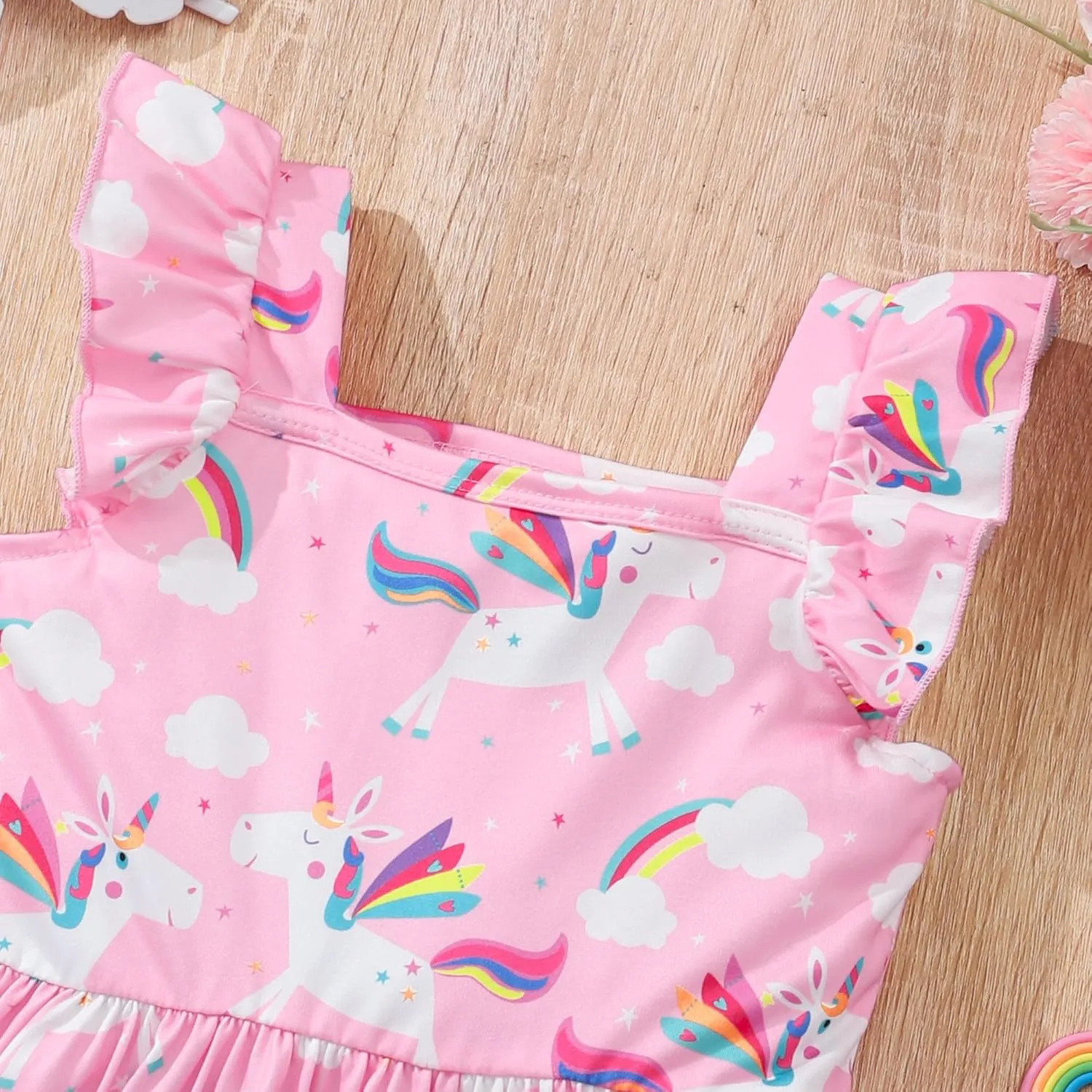 Little Girls Summer Dresses Square Neck Ruffle Flutter Sleeve Kids Toddler Unicorn Casual A-Line Swing Sundress 2-8 Years