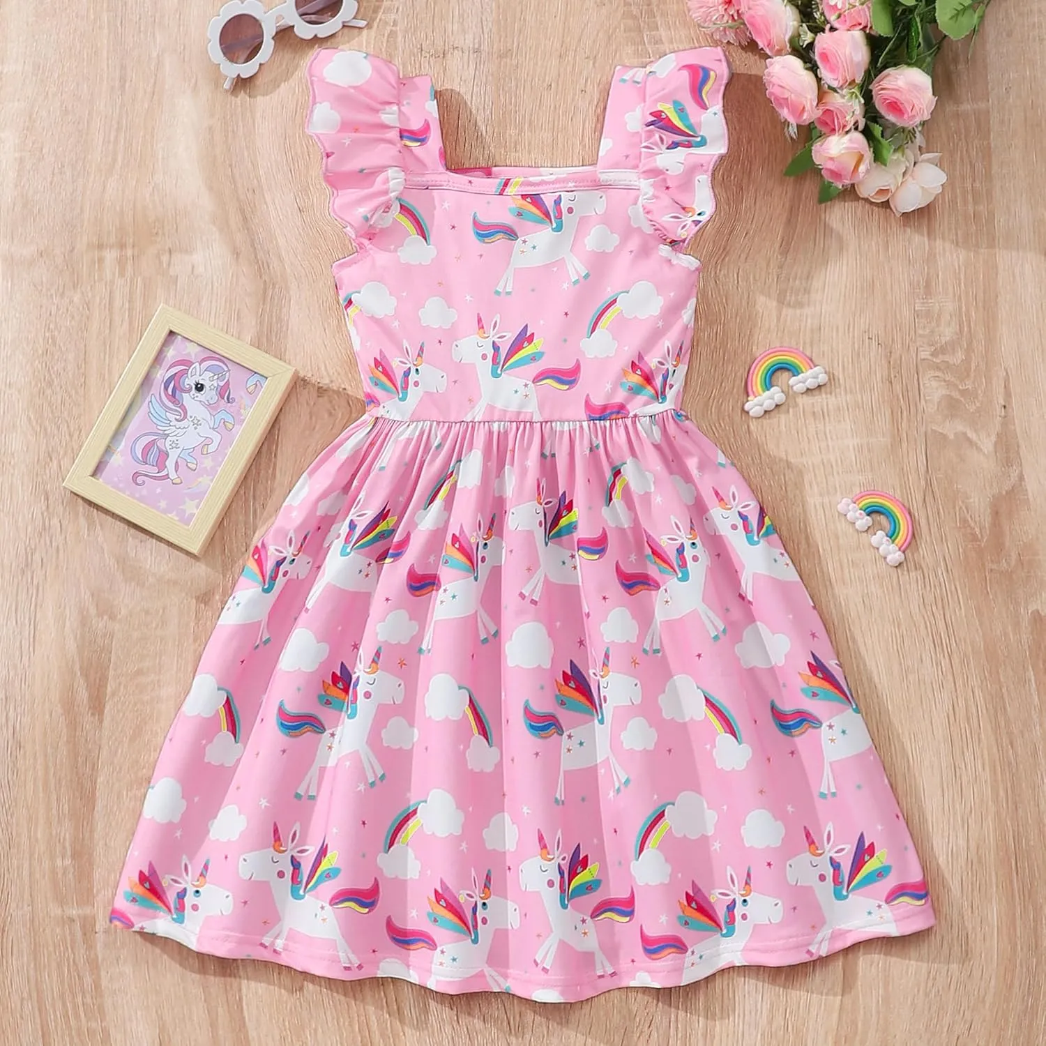 Little Girls Summer Dresses Square Neck Ruffle Flutter Sleeve Kids Toddler Unicorn Casual A-Line Swing Sundress 2-8 Years
