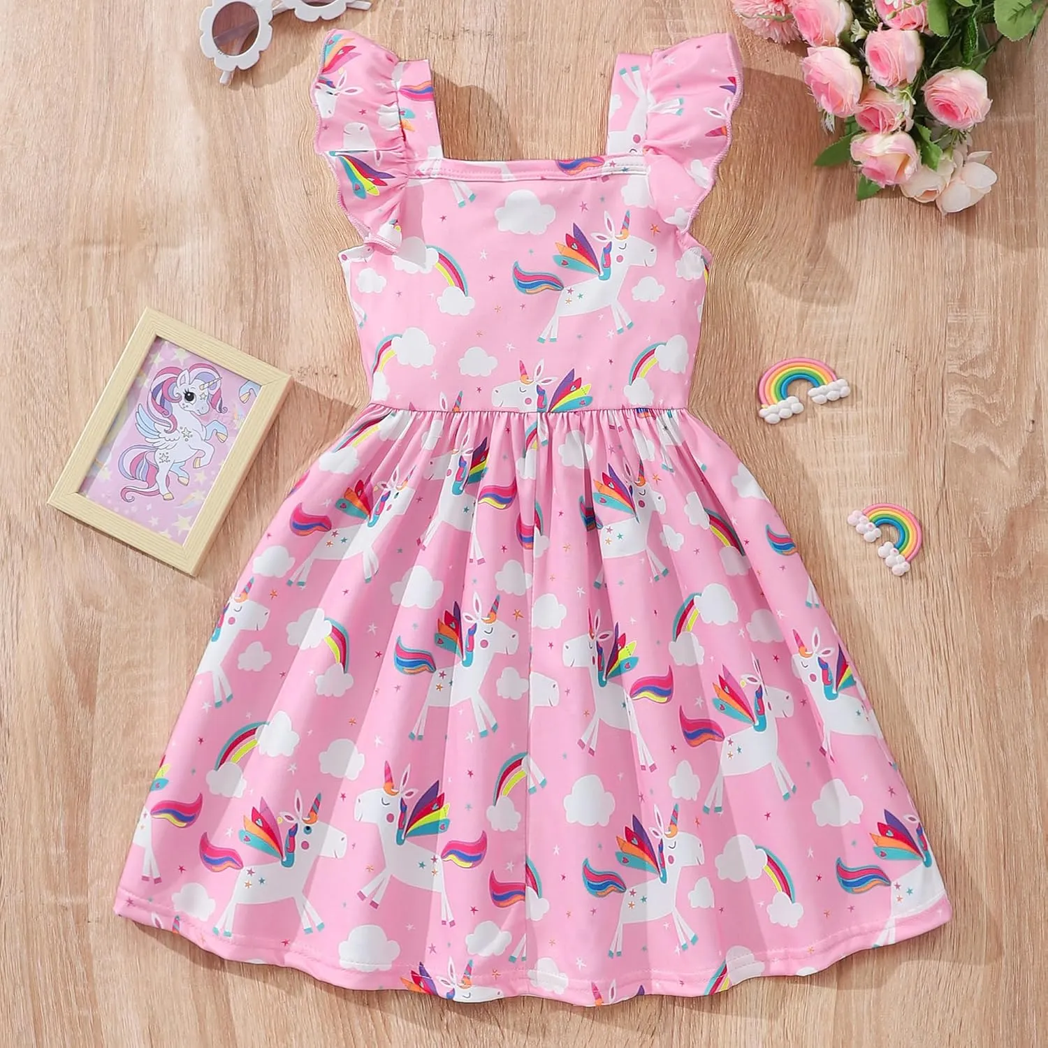 Little Girls Summer Dresses Square Neck Ruffle Flutter Sleeve Kids Toddler Unicorn Casual A-Line Swing Sundress 2-8 Years
